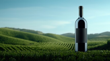 A sleek modern wine bottle featuring a customizable label elegantly displayed in the foreground, with lush green vineyards stretching out under a bright blue sky in the background. The scene captures