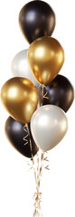 Balloon bouquet in black, gold, and white, isolated on a transparent background. A bunch of realistic balloons for birthday, anniversary, New Year, wedding, corporate, and holiday event designs. © Tatsiana