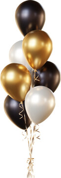 Balloon bouquet in black, gold, and white, isolated on a transparent background. A bunch of realistic balloons for birthday, anniversary, New Year, wedding, corporate, and holiday event designs.