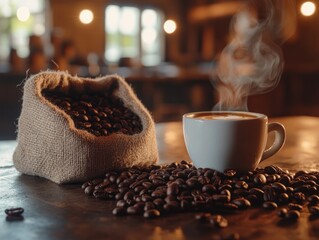 Freshly roasted coffee beans and a steaming latte art cup