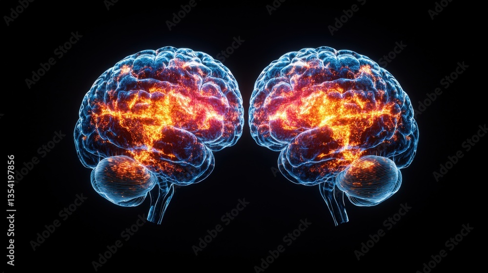 Poster two vibrant translucent brain models in blue with fiery orange and red inner activity set against a 