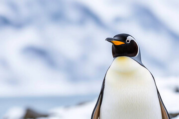 Fototapeta premium Stylish Polar Penguin Posing Against a Blurred Snowy Icelandic Background, Showcasing Its Elegant Features in a Winter Wonderland, Vibrant Wallpaper