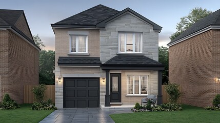 A modern two story house with brick and stone facade