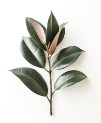 Obraz premium Rubber plant branch with glossy leaves isolated on white background