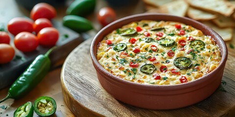 Spicy, creamy cheese dip with jalapenos and peppers, served in a bowl with bread. This appetizer features tomatoes for a delicious kick!
