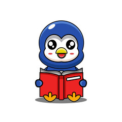 Cute Penguin Mascot Character Reading a Book, Cheerful Expression, Vector Illustration on White Background for Children's Design