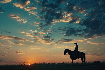 Premium Quality Picture of Western Landscape with Cowboy Riding Horse in Midwest Scenery