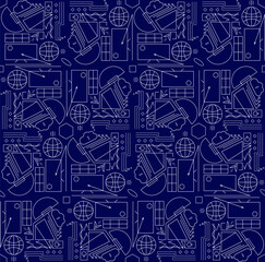 Background with seamless geometric pattern in linear style. White abstract technological symbols and schemes on dark blue background. Minimalism, futurism, digital theme, top view