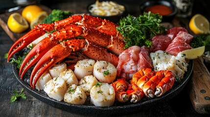 A luxurious seafood platter featuring large king crab legs, lobster tails, and scallops. 