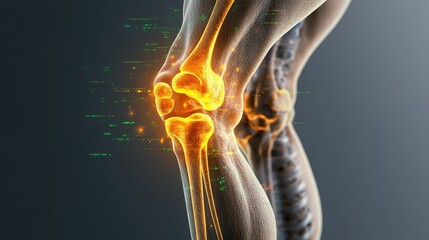Detailed digital rende of a human knee joint with glowing orange accents emphasizing bones and ligaments on a dark gray background for medical illustration