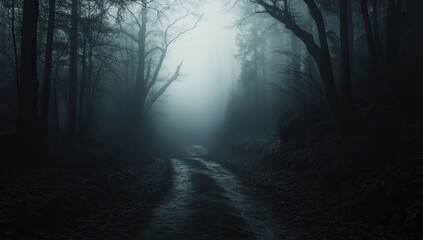 Misty forest path, dark and mysterious