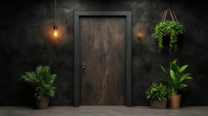 Dark, modern entrance with wooden door and plants