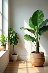 Contemporary living space with indoor plant in pot, airy, greenery, interior