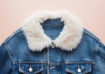 Close up of a blue denim jacket with a fluffy white collar. isolated on light pink beige background