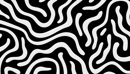 Obraz premium Wavy and swirled brush strokes vector seamless pattern. Bold curved lines and squiggles ornament. Seamless horizontal banner with doodle bold lines. Black and white wallpaper 