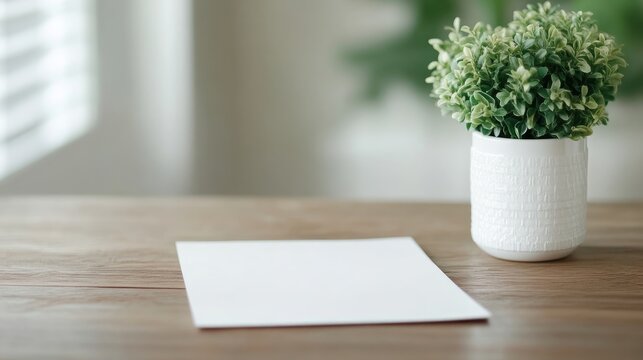 Blank paper document on a wooden table with a small plant