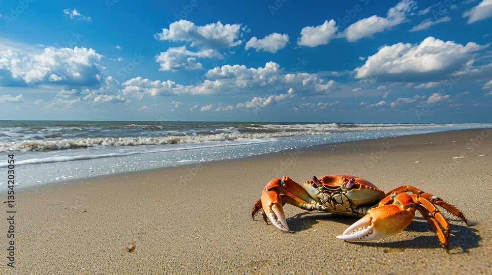 Poster a maryland crab resting on a sandy beach with gentle waves in the distance.