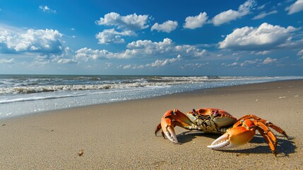 Obraz premium A Maryland crab resting on a sandy beach with gentle waves in the distance. 