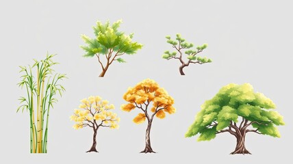 Fototapeta premium Diverse Trees Bamboo Collection Nature Plants Illustration Design Elements