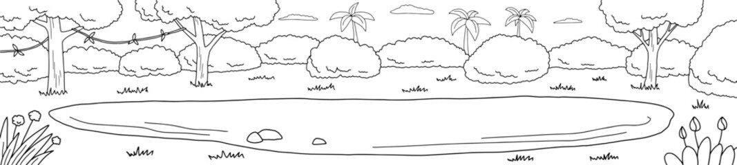 Jungle pond forest graphic black white landscape sketch long illustration vector 