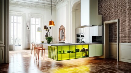 Modern kitchen design, island, city view, sunlight