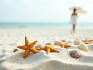 Starfish on the sand beach in clear sea water. Summer background. Summer time .Copy space. Relaxing on the beach.