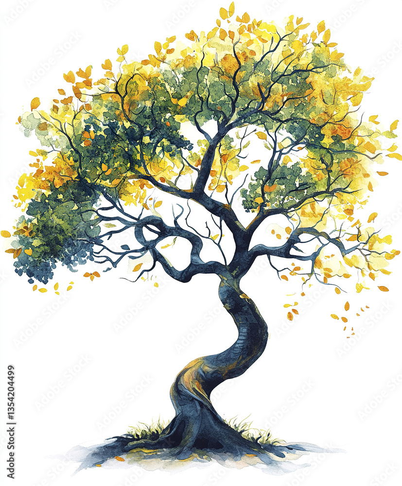 Poster vibrant spring tree with twisting trunk and colorful leaves