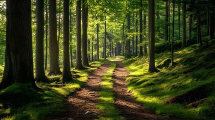 Obraz premium Sun-Dappled Path: A sunlit path winds its way through a lush, verdant forest, inviting exploration and evoking a sense of serenity and wonder.