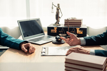 Courtroom, Attractive Judge Lawyer Sitting at Table, Looking at Papers and Laptop in Office, Legal...