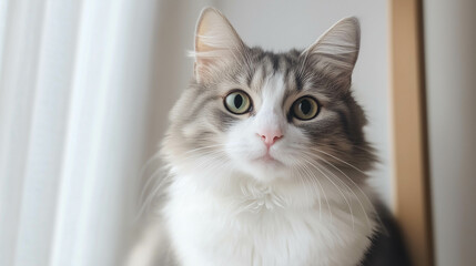 Obraz premium Close-up shot of a white and gray cat in the morning soft light.