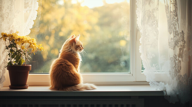 A fluffy orange tabby cat lounging on a sunny window.
