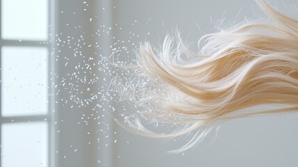 A close-up of flowing blonde hair with sparkles, capturing beauty and elegance in a serene environment.