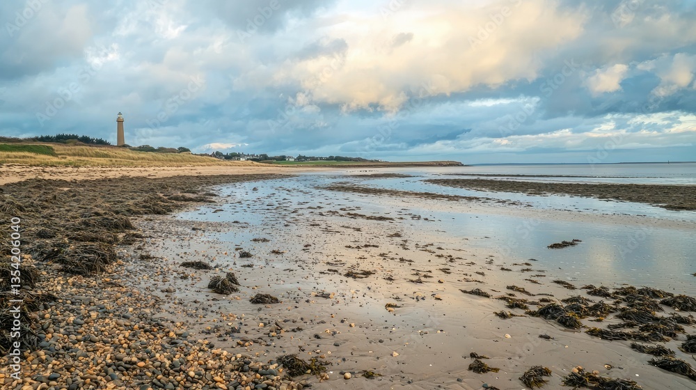 Poster A panoramic view of a beach with scattered crabs and a distant lighthouse. 