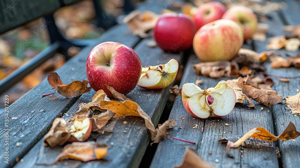 Poster a picnic table with apple cores left behind next to napkins and fruit peels.
