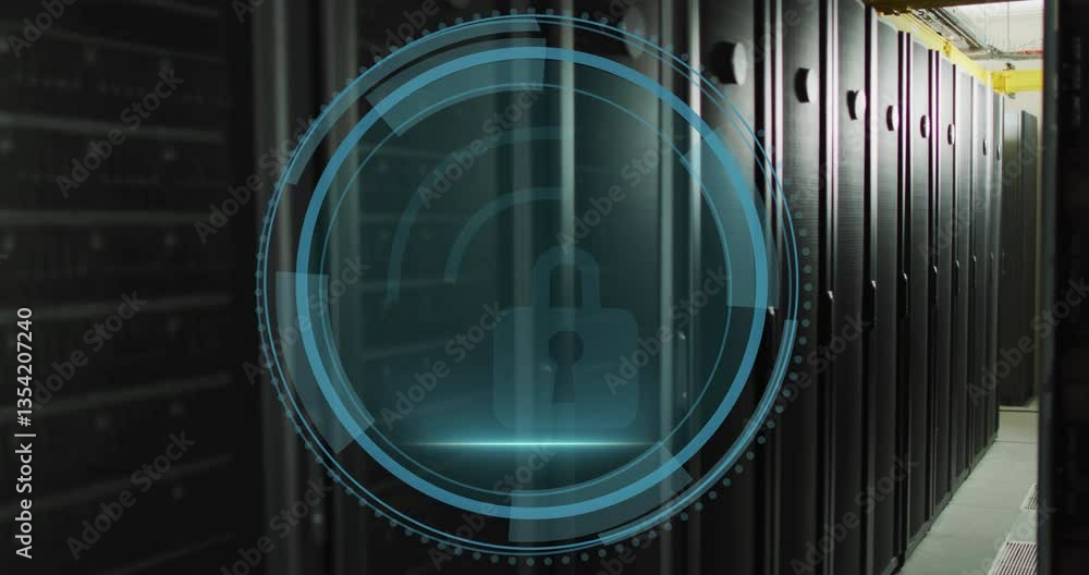 Poster animation of digital lock over server racks symbolizing cybersecurity in data protection