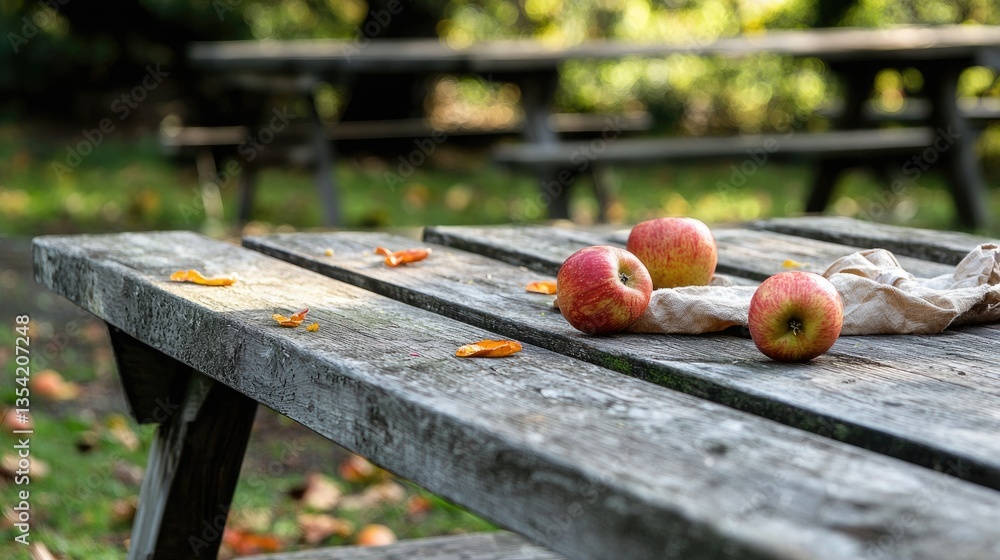 Poster a picnic table with apple cores left behind next to napkins and fruit peels.