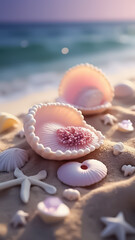 starfish and seashell on the summer beach in sea water.