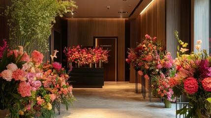 Naklejka premium luxurious hotel lobby with vibrant floral arrangements