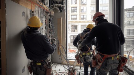 A construction crew installs electrical wiring inside a building, using power tools and safety gear.