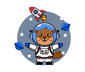 Adorable Beaver Cartoon Character Wearing Astronaut Outfit, Surrounded by Rocket and Planets, Isolated Vector Design on White Backdrop