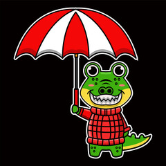 Cute Crocodile Mascot Character Wearing Sweater, Holding Umbrella, Cheerful Expression, Vector Illustration on Black Background