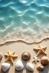 starfish and seashell on the summer beach in sea water.