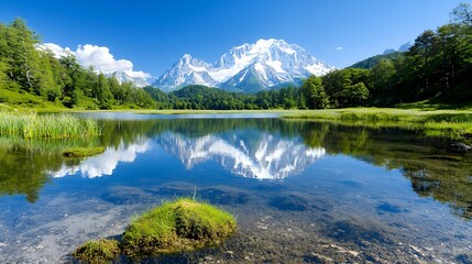 Fototapeta premium Reflective Mountain Landscape with Lake, Trees, and Clear Sky for Travel Scenery