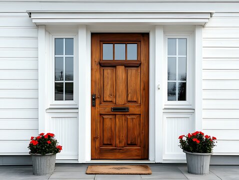 Fototapeta A beautiful wooden door entrance surrounded by white siding and windows