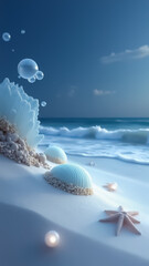 starfish and seashell on the summer beach in sea water.