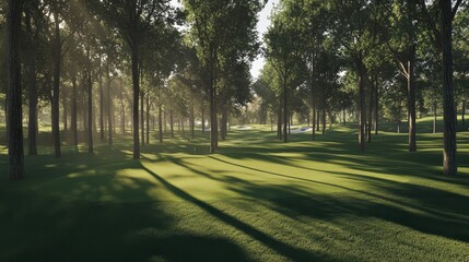 Fototapeta premium serene golf course landscape in morning sunlight