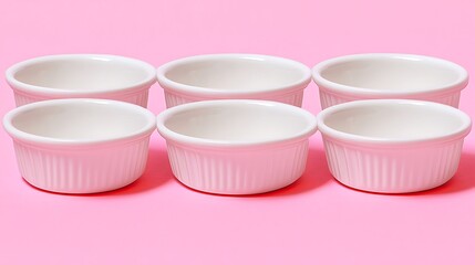 Six small white ramekins arranged on a solid pink background