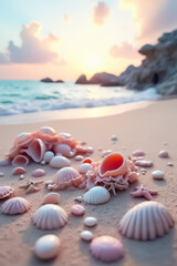 starfish and seashell on the summer beach in sea water.
