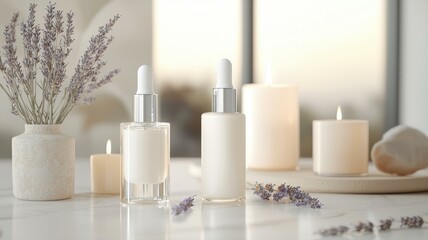A serene arrangement of essential oils and candles, perfect for creating a calming atmosphere in your home.