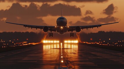 Obraz premium scenic view of a large airplane departing at sunrise with glowing sky horizon and soft clouds symbolizing global travel vacation adventures and the elegance of modern aviation